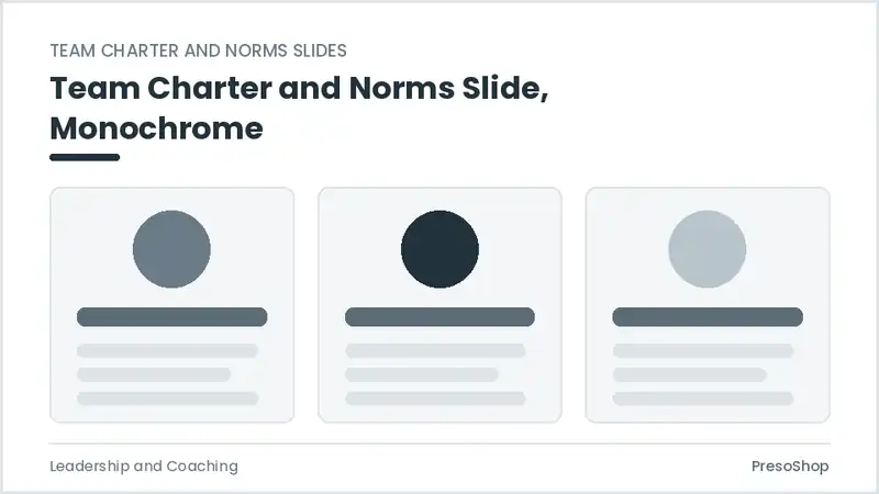 Editable PowerPoint team charter and norms slide template in a monochrome treatment, built from recolourable native shapes for leadership and coaching decks