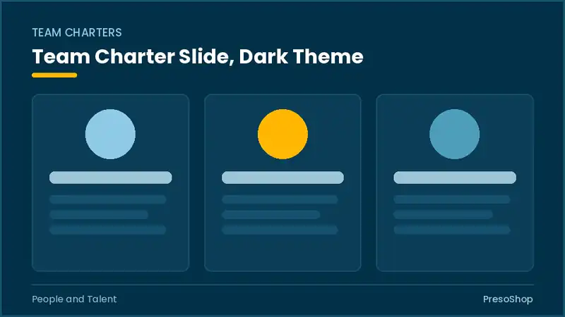 Editable PowerPoint team charter slide template in a dark theme, built from recolourable native shapes for people and talent decks