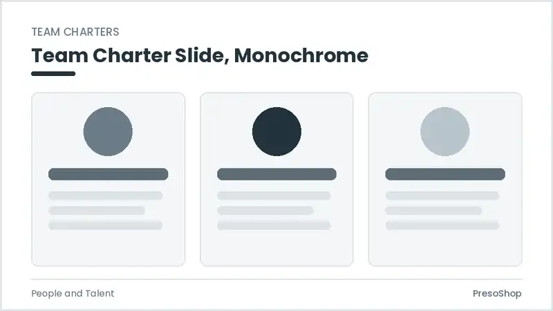 Editable PowerPoint team charter slide template in a monochrome treatment, built from recolourable native shapes for people and talent decks
