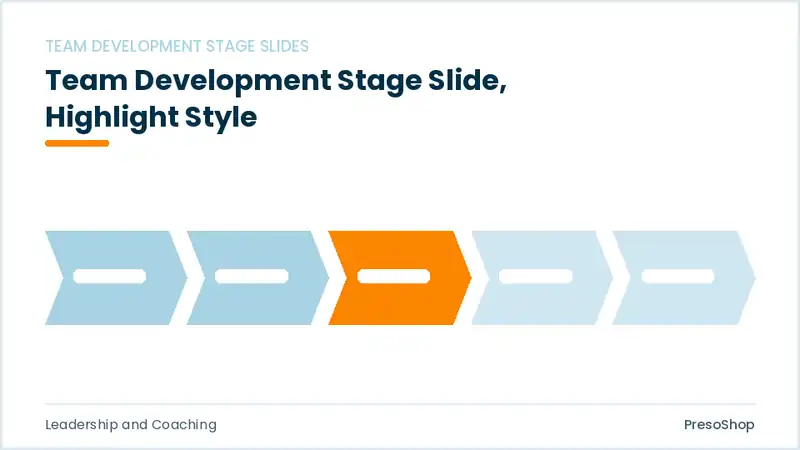 Editable PowerPoint team development stage slide template with an accented takeaway, built from recolourable native shapes for leadership and coaching decks