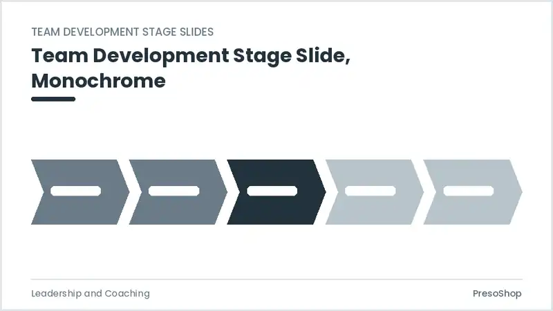 Editable PowerPoint team development stage slide template in a monochrome treatment, built from recolourable native shapes for leadership and coaching decks