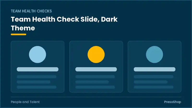 Editable PowerPoint team health check slide template in a dark theme, built from recolourable native shapes for people and talent decks