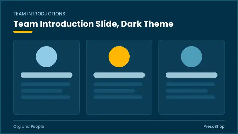 Editable PowerPoint team introduction slide template in a dark theme, built from recolourable native shapes for org and people decks