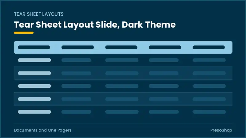 Editable PowerPoint tear sheet layout slide template in a dark theme, built from recolourable native shapes for documents and one pagers decks