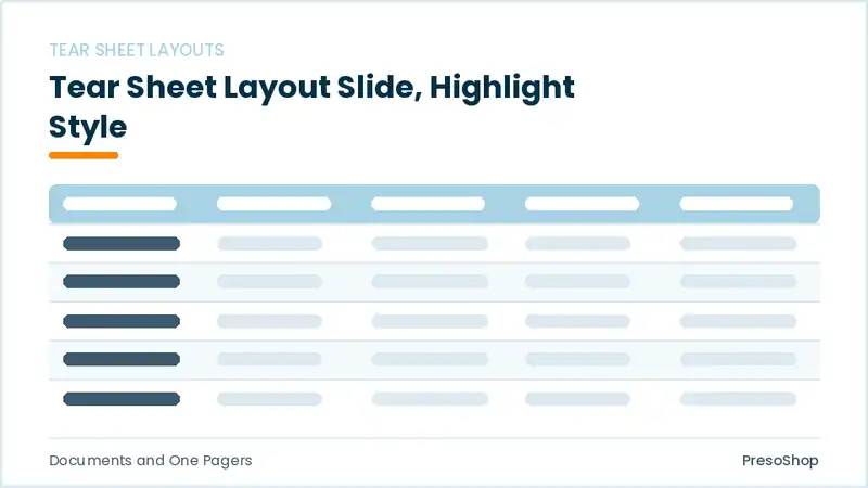 Editable PowerPoint tear sheet layout slide template with an accented takeaway, built from recolourable native shapes for documents and one pagers decks