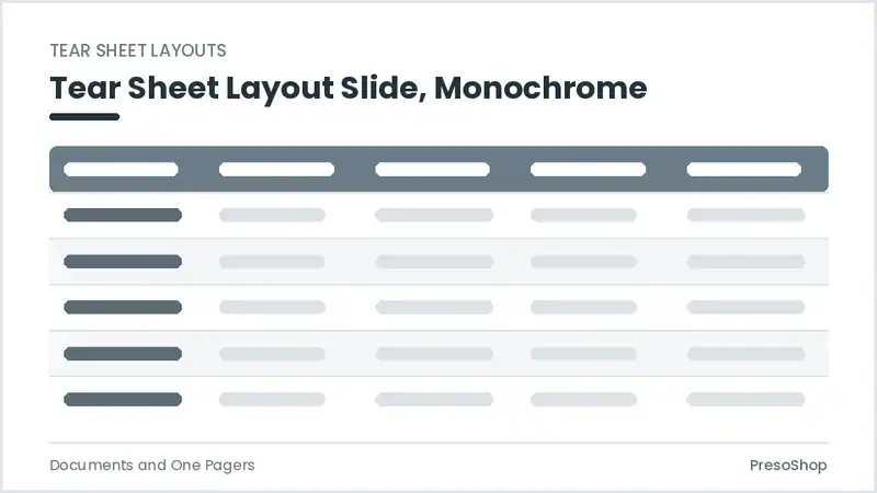 Editable PowerPoint tear sheet layout slide template in a monochrome treatment, built from recolourable native shapes for documents and one pagers decks