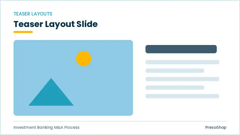 Editable PowerPoint teaser layout slide template, built from recolourable native shapes for investment banking m&a process decks