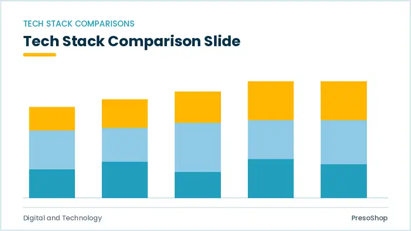 Editable PowerPoint tech stack comparison slide template, built from recolourable native shapes for digital and technology decks