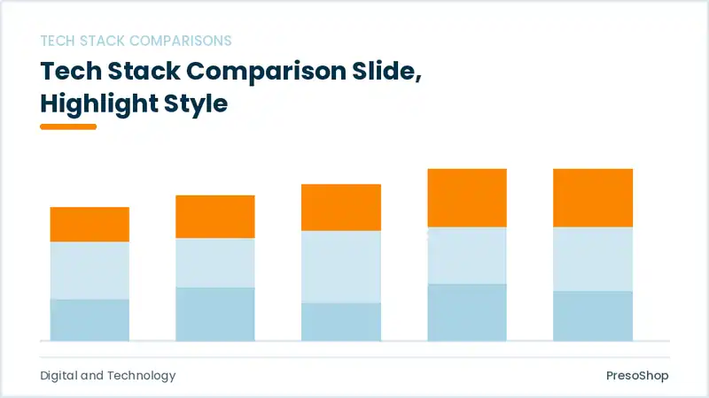 Editable PowerPoint tech stack comparison slide template with an accented takeaway, built from recolourable native shapes for digital and technology decks
