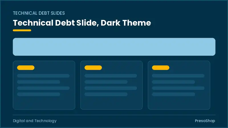 Editable PowerPoint technical debt slide template in a dark theme, built from recolourable native shapes for digital and technology decks