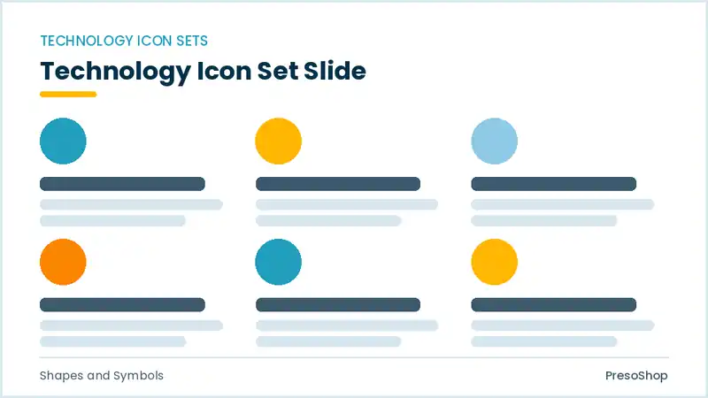 Editable PowerPoint technology icon set slide template, built from recolourable native shapes for shapes and symbols decks