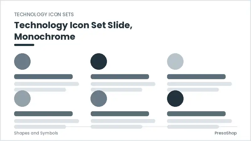 Editable PowerPoint technology icon set slide template in a monochrome treatment, built from recolourable native shapes for shapes and symbols decks