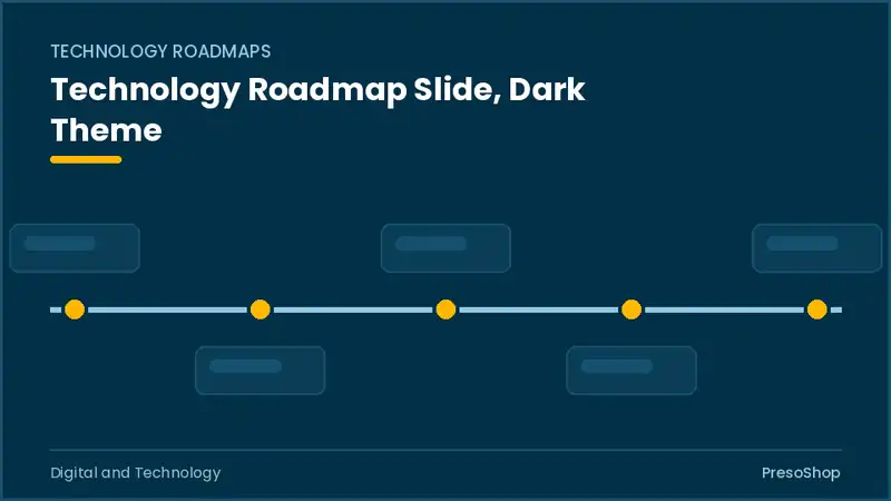 Editable PowerPoint technology roadmap slide template in a dark theme, built from recolourable native shapes for digital and technology decks