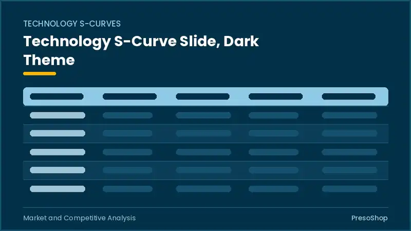 Editable PowerPoint technology s-curve slide template in a dark theme, built from recolourable native shapes for market and competitive analysis decks