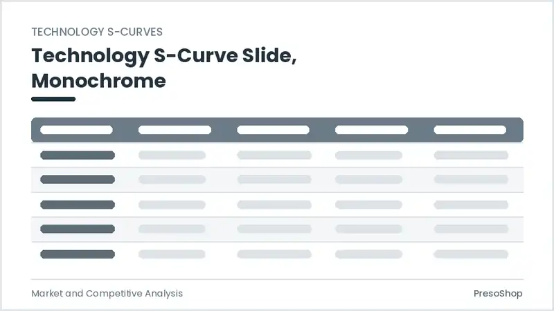 Editable PowerPoint technology s-curve slide template in a monochrome treatment, built from recolourable native shapes for market and competitive analysis decks