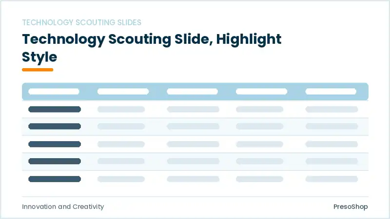 Editable PowerPoint technology scouting slide template with an accented takeaway, built from recolourable native shapes for innovation and creativity decks