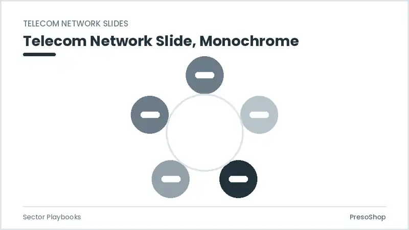 Editable PowerPoint telecom network slide template in a monochrome treatment, built from recolourable native shapes for sector playbooks decks