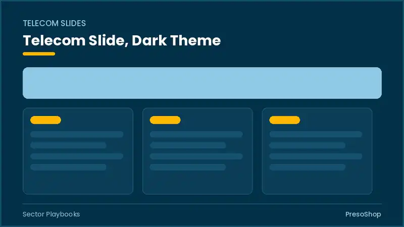 Editable PowerPoint telecom slide template in a dark theme, built from recolourable native shapes for sector playbooks decks
