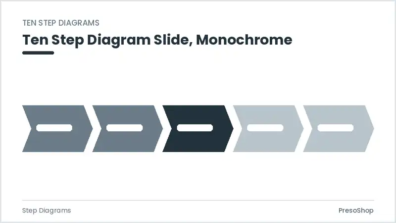 Editable PowerPoint ten step diagram slide template in a monochrome treatment, built from recolourable native shapes for step diagrams decks