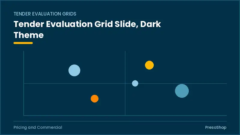 Editable PowerPoint tender evaluation grid slide template in a dark theme, built from recolourable native shapes for pricing and commercial decks