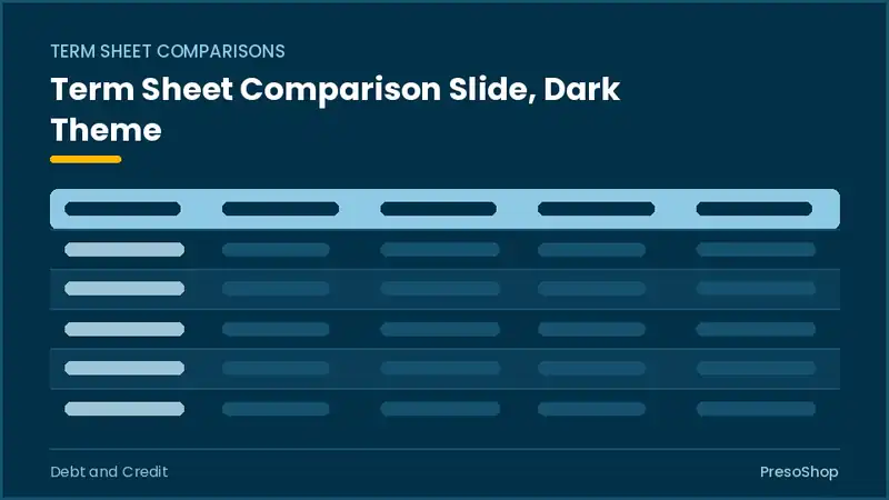 Editable PowerPoint term sheet comparison slide template in a dark theme, built from recolourable native shapes for debt and credit decks