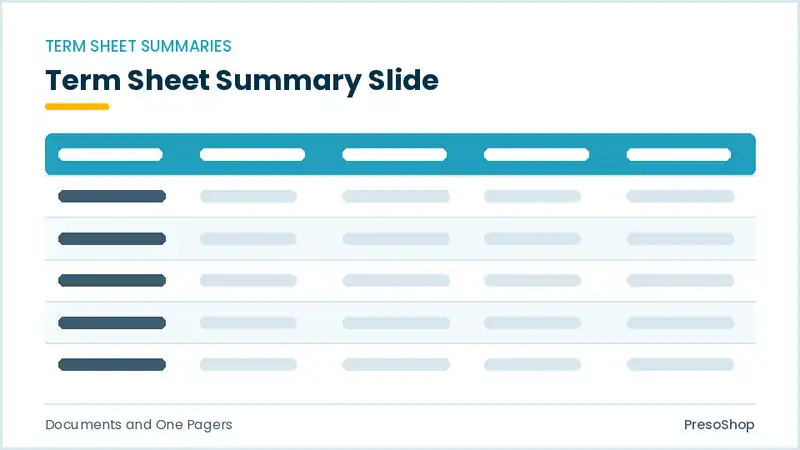 Editable PowerPoint term sheet summary slide template, built from recolourable native shapes for documents and one pagers decks