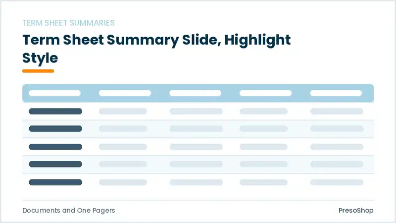 Editable PowerPoint term sheet summary slide template with an accented takeaway, built from recolourable native shapes for documents and one pagers decks