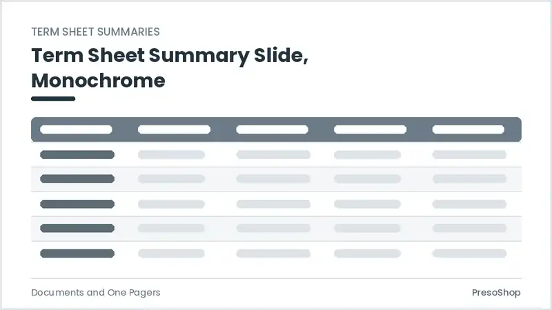 Editable PowerPoint term sheet summary slide template in a monochrome treatment, built from recolourable native shapes for documents and one pagers decks