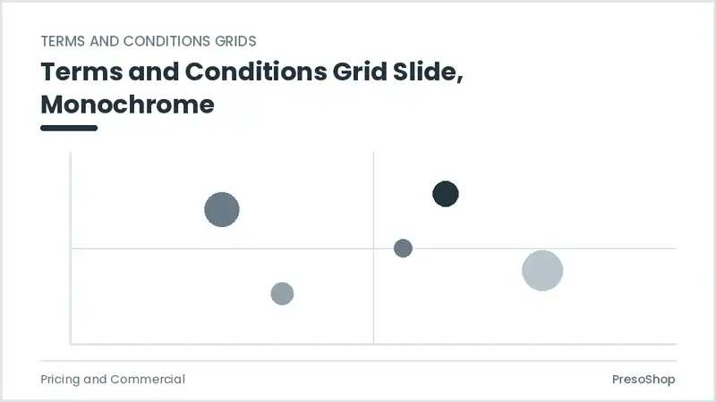 Editable PowerPoint terms and conditions grid slide template in a monochrome treatment, built from recolourable native shapes for pricing and commercial decks
