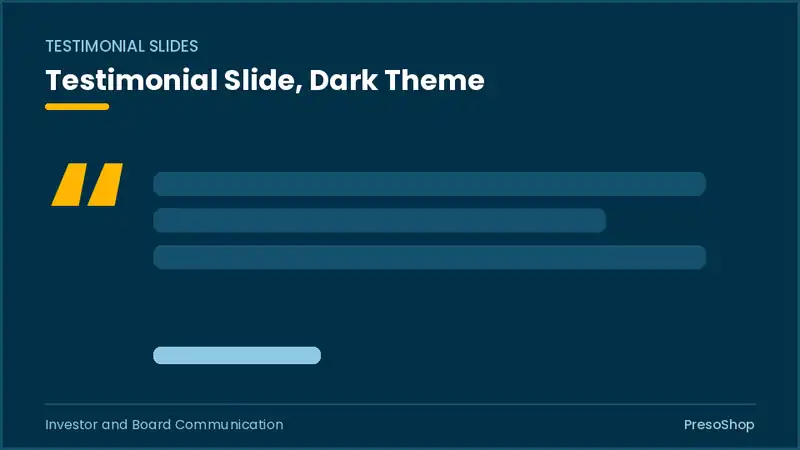 Editable PowerPoint testimonial slide template in a dark theme, built from recolourable native shapes for investor and board communication decks