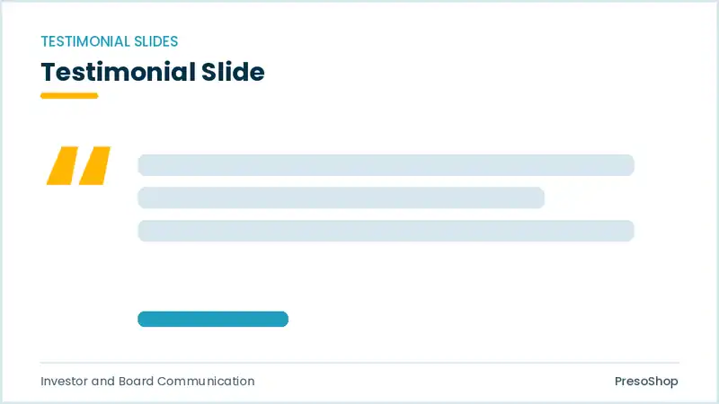 Editable PowerPoint testimonial slide template, built from recolourable native shapes for investor and board communication decks