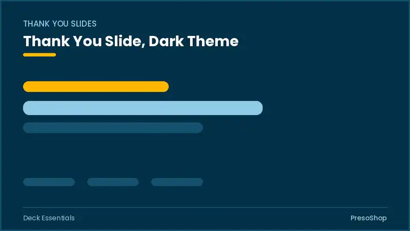 Editable PowerPoint thank you slide template in a dark theme, built from recolourable native shapes for deck essentials decks