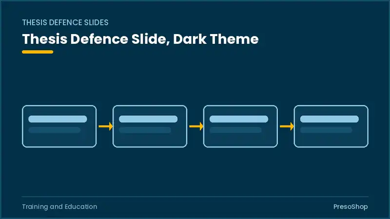 Editable PowerPoint thesis defence slide template in a dark theme, built from recolourable native shapes for training and education decks