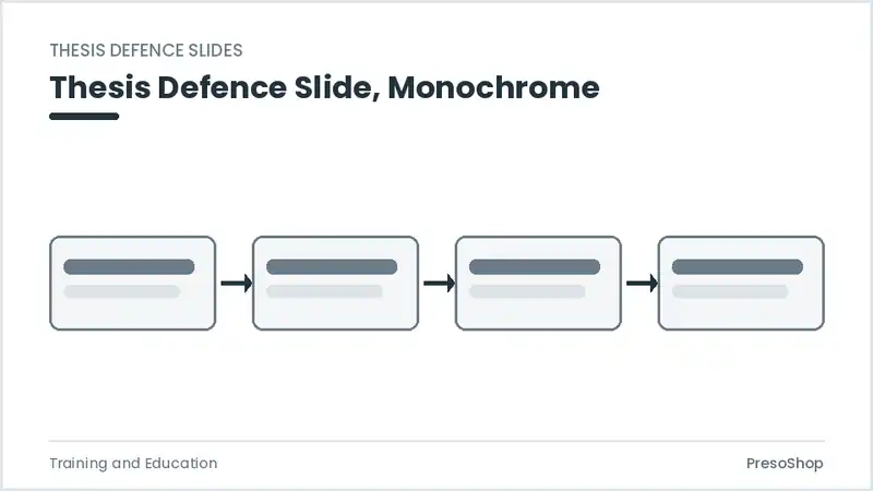 Editable PowerPoint thesis defence slide template in a monochrome treatment, built from recolourable native shapes for training and education decks