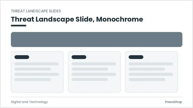 Editable PowerPoint threat landscape slide template in a monochrome treatment, built from recolourable native shapes for digital and technology decks