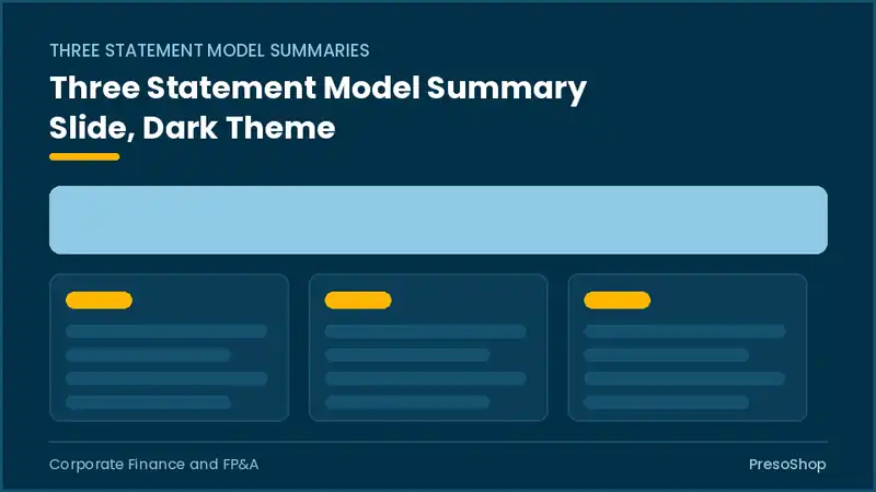 Editable PowerPoint three statement model summary slide template in a dark theme, built from recolourable native shapes for corporate finance and fp&a decks