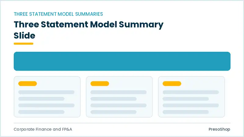 Editable PowerPoint three statement model summary slide template, built from recolourable native shapes for corporate finance and fp&a decks