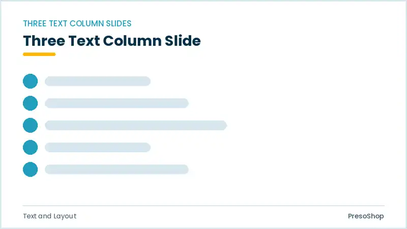 Editable PowerPoint three text column slide template, built from recolourable native shapes for text and layout decks