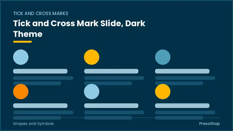 Editable PowerPoint tick and cross mark slide template in a dark theme, built from recolourable native shapes for shapes and symbols decks