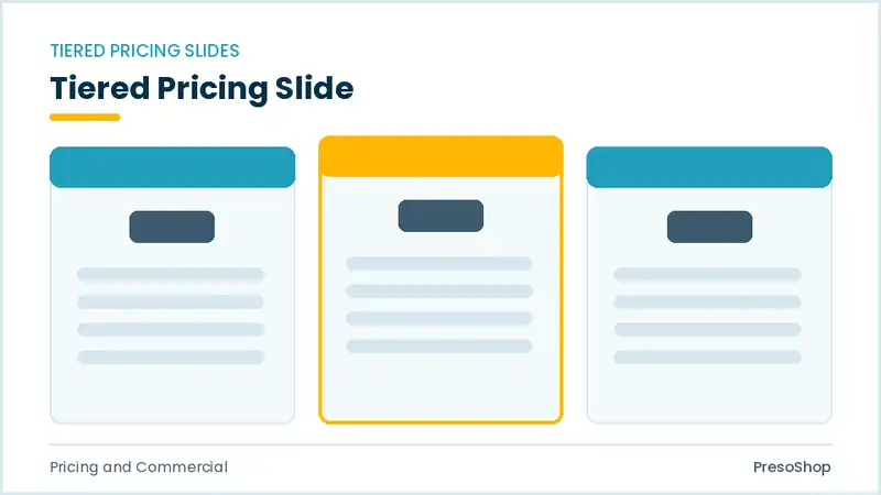 Editable PowerPoint tiered pricing slide template, built from recolourable native shapes for pricing and commercial decks