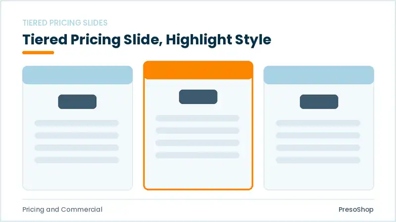Editable PowerPoint tiered pricing slide template with an accented takeaway, built from recolourable native shapes for pricing and commercial decks