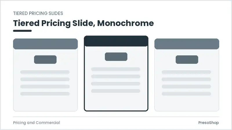 Editable PowerPoint tiered pricing slide template in a monochrome treatment, built from recolourable native shapes for pricing and commercial decks