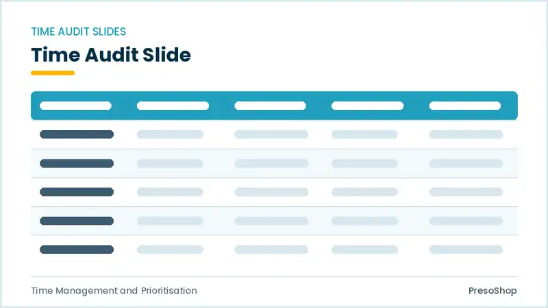 Editable PowerPoint time audit slide template, built from recolourable native shapes for time management and prioritisation decks