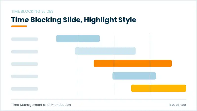Editable PowerPoint time blocking slide template with an accented takeaway, built from recolourable native shapes for time management and prioritisation decks
