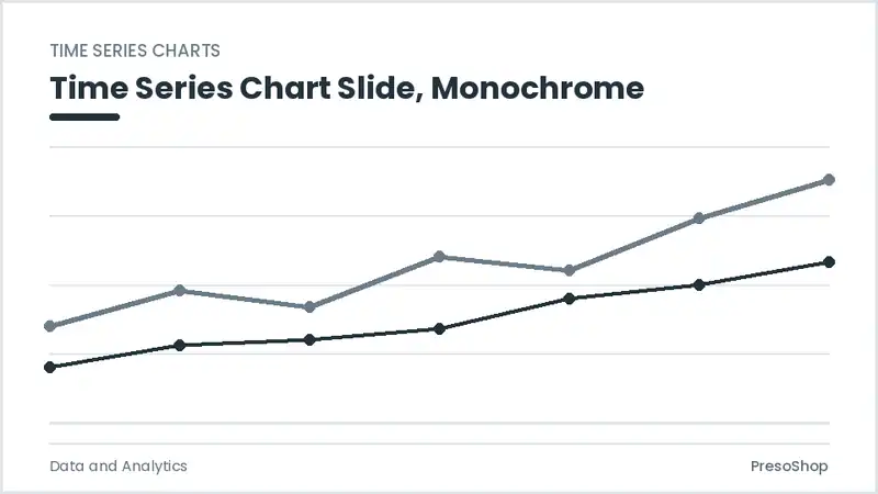 Editable PowerPoint time series chart slide template in a monochrome treatment, built from recolourable native shapes for data and analytics decks