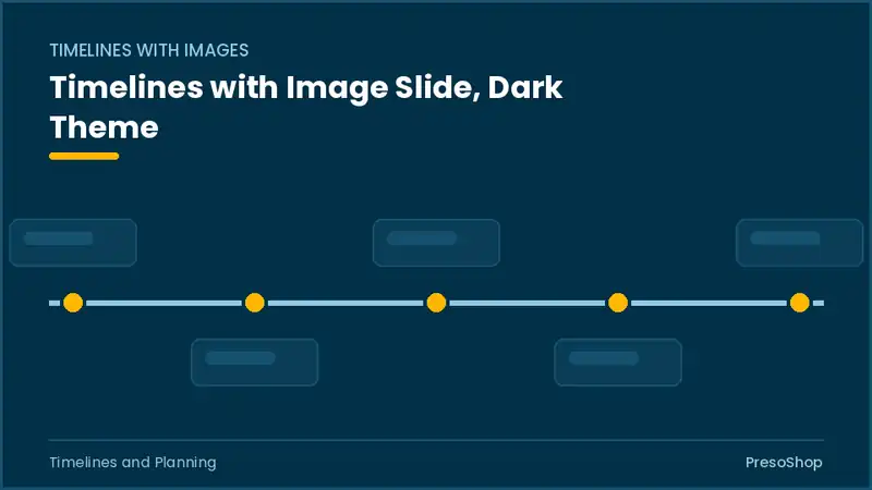 Editable PowerPoint timelines with image slide template in a dark theme, built from recolourable native shapes for timelines and planning decks