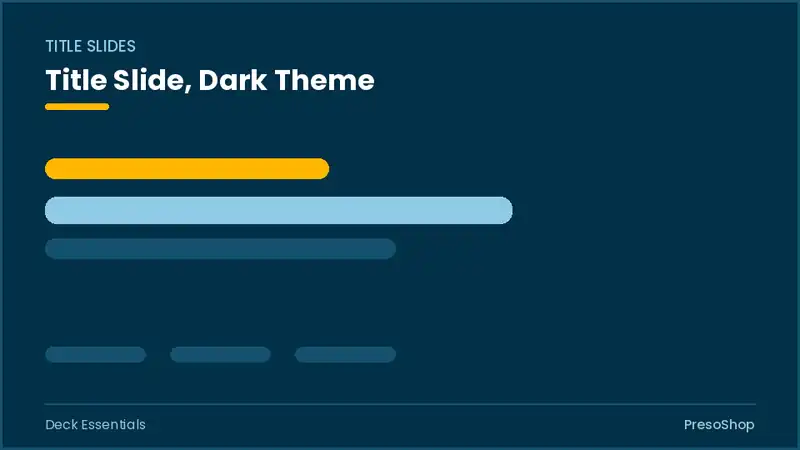 Editable PowerPoint title slide template in a dark theme, built from recolourable native shapes for deck essentials decks