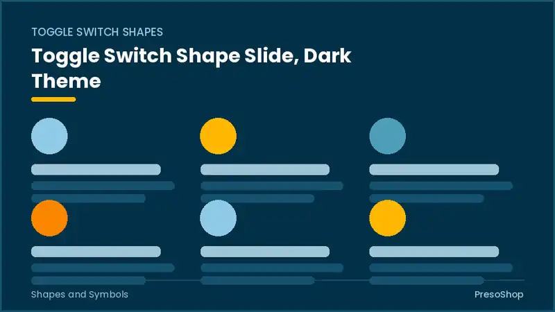 Editable PowerPoint toggle switch shape slide template in a dark theme, built from recolourable native shapes for shapes and symbols decks