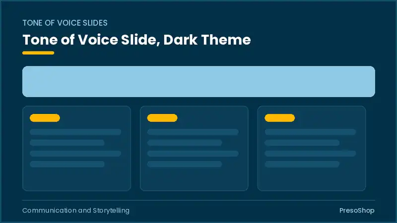 Editable PowerPoint tone of voice slide template in a dark theme, built from recolourable native shapes for communication and storytelling decks