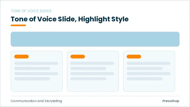 Editable PowerPoint tone of voice slide template with an accented takeaway, built from recolourable native shapes for communication and storytelling decks